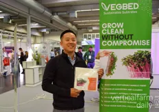 Vegbed's Albert Lin is holding the company's fully degradable bamboo substrate mat