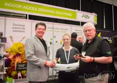 Don Willis, Dana Lucas and Mike Cade show the various Jiffy growing solutions