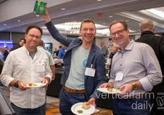 Henry Sztul (Bowery) and Mike Zelkind (80 Acres) try Planet Farms' pestOOH! during a network break. Roel Janssen (Planet Farms) is showing off the product with pride. Don't think they got any left after the tasting... 