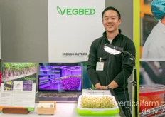 Albert Lin with Vegbed highlighting his biodegradable bamboo matts for microgreens